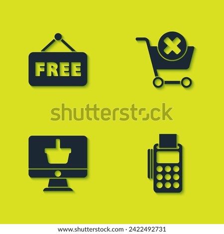Set Price tag with text Free, POS terminal credit card, Monitor shopping basket and Remove cart icon. Vector