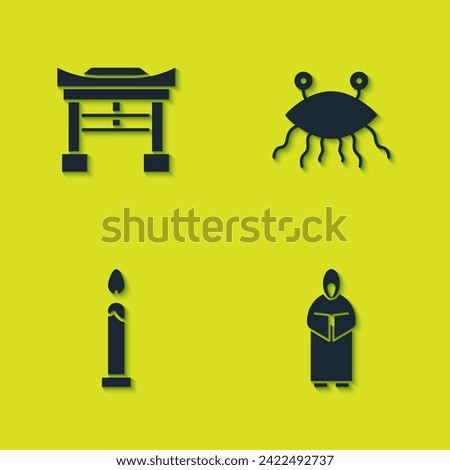 Set Japan Gate, Monk, Burning candle and Pastafarianism icon. Vector