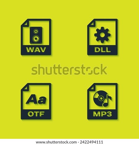 Set WAV file document, MP3, OTF and DLL icon. Vector