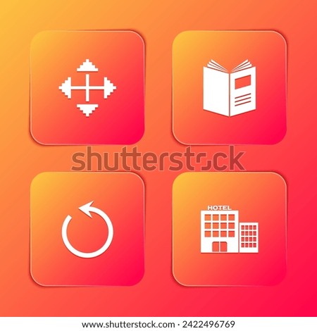 Set Pixel arrows in four directions, Open book, Refresh and Hotel building icon. Vector