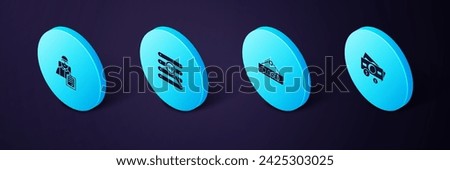 Set Isometric Stacks paper money cash, Hanging sign with Closed, Search browser window and Delivery man cardboard boxes icon. Vector