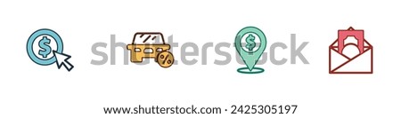 Set Coin money with dollar, Car leasing percent, Cash location and Envelope symbol icon. Vector