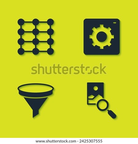 Set Neural network, Photo retouching, Funnel filter and Computer api interface icon. Vector