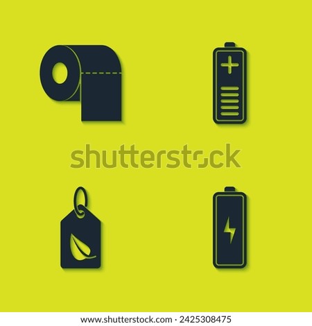 Set Toilet paper roll, Battery, Tag with leaf and charge level indicator icon. Vector