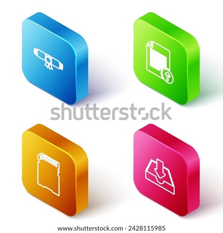 Set Isometric line Diploma rolled scroll, Upload file, SD card and Download inbox icon. Vector