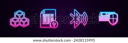 Set line Isometric cube, Upload file, Bluetooth connected and Money protection. Glowing neon icon. Vector