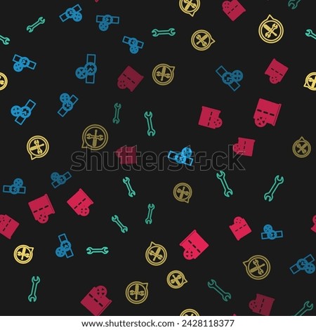 Set line Wrist watch service, Wrench, Location and Database server on seamless pattern. Vector