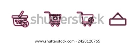 Set line Remove shopping basket, Add to Shopping cart, Refresh and Signboard hanging icon. Vector