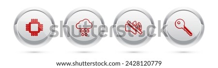 Set line Processor with CPU, Cloud rain, Speaker mute and Key. Silver circle button. Vector