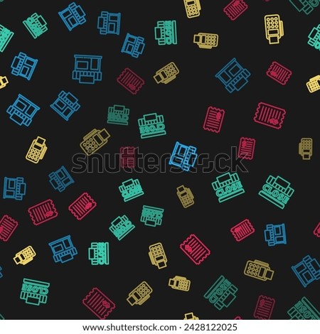 Set line Shopping building or market store, and text closed, POS terminal with credit card and Paper check financial check on seamless pattern. Vector