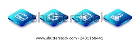 Set Isometric line Briefcase, Clock, Identification badge and Man with headset icon. Vector