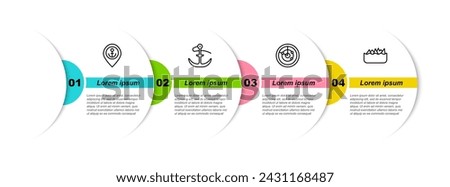 Set line Location with anchor, Anchor, Radar targets and Sharp stone reefs. Business infographic template. Vector
