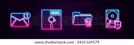 Set line New, email incoming message, Floppy disk the 5.25-inch, Delete folder and Hard drive HDD protection. Glowing neon icon. Vector