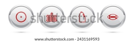 Set line Circular saw blade, Heating radiator, Household chemicals bottle and American Football ball. Silver circle button. Vector