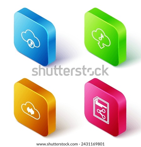 Set Isometric line Music streaming service, Cloud download music,  and Share file icon. Vector