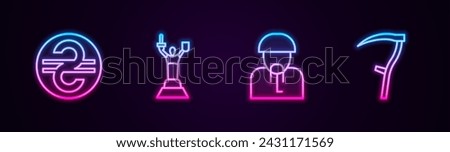 Set line Ukrainian hryvnia, Mother Motherland monument, cossack and Scythe. Glowing neon icon. Vector