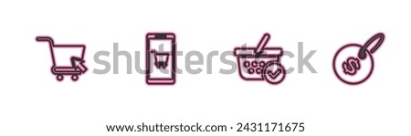 Set line Shopping cart with cursor, basket check mark, Mobile and shopping and Price tag dollar icon. Vector