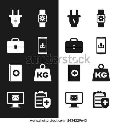 Set Smartphone with download, Toolbox, Electric plug, Smartwatch setting, Medical book and Weight icon. Vector