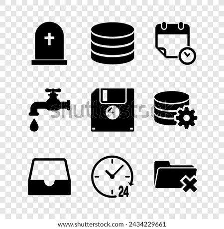 Set Tombstone with cross, Database, Calendar and clock, Social media inbox, Clock 24 hours and Delete folder icon. Vector
