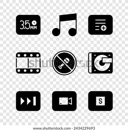Set Audio jack, Music note, tone, Add playlist, Fast forward, Play video button, Stop media,  and Mute microphone icon. Vector