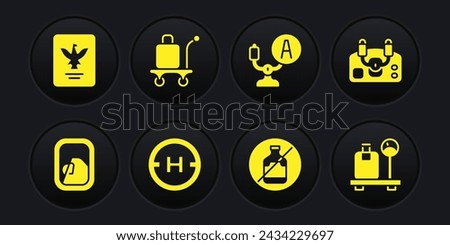 Set Airplane window, Aircraft steering helm, Helicopter landing pad, No alcohol, Trolley baggage, Scale with suitcase and Passport icon. Vector