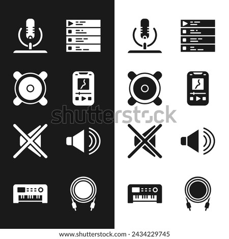 Set Music player, Stereo speaker, Microphone, playlist, Speaker mute, volume, Audio jack and synthesizer icon. Vector