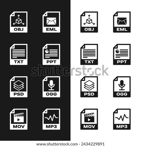 Set PPT file document, TXT, OBJ, EML, PSD and OGG icon. Vector