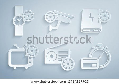 Set Radio setting, Power bank, Tv, Fast payments, Security camera and Wrist watch icon. Vector