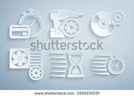Set Old hourglass with sand, CD or DVD disk setting, Air conditioner, Stopwatch, Drill machine and Fast payments icon. Vector