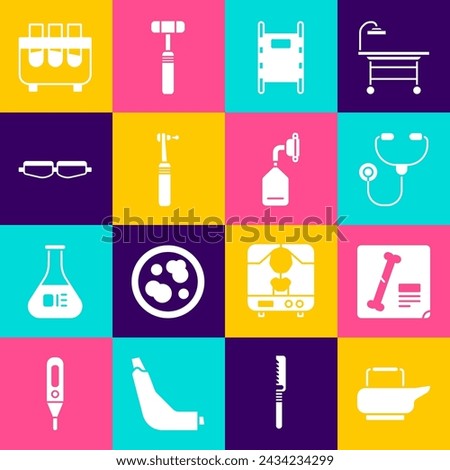 Set Bedpan, X-ray shots, Stethoscope, Stretcher, Tooth drill, Safety goggle glasses, Test tube and flask and Medical oxygen mask icon. Vector