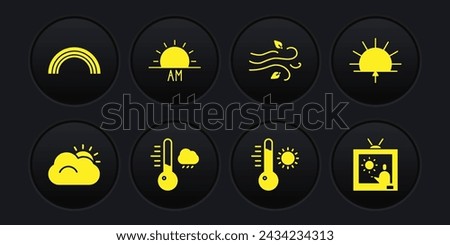 Set Sun and cloud, Sunrise, Meteorology thermometer, Wind, Weather forecast and Rainbow icon. Vector