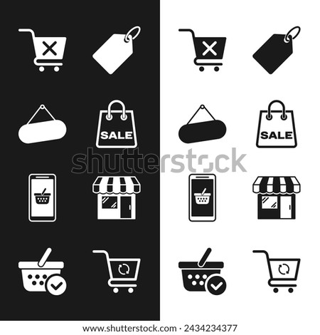 Set Shopping bag with Sale, Signboard hanging, Remove shopping cart, Label template price tag, Mobile and basket, Market store, Refresh and check mark icon. Vector