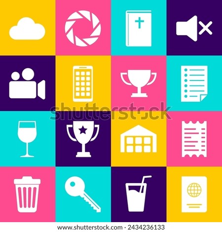 Set Passport, Paper financial check, Document, Holy bible book, Mobile Apps and Movie Video camera icon. Vector