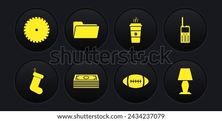 Set Christmas sock, Walkie talkie, Stacks paper money cash, American Football ball, Coffee cup and Folder icon. Vector