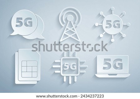 Set Processor 5G, network, Sim card, Laptop with, Antenna and  icon. Vector