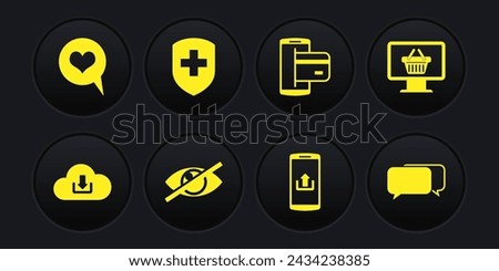 Set Cloud download, Monitor with shopping basket, Invisible hide, Smartphone upload, NFC Payment and Medical shield cross icon. Vector