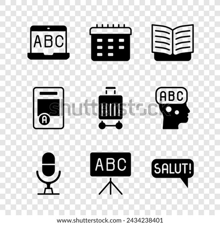 Set Foreign language online study, School timetable, Open book, Microphone voice device, Chalkboard, Salut different languages, Exam sheet with A plus grade and Suitcase icon. Vector