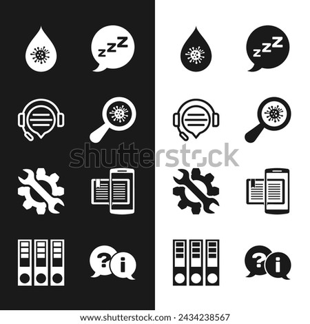 Set Microorganisms under magnifier, Headphones with speech bubble chat, Dirty water drop, Speech snoring, Wrench and gear, Smartphone book, Question Exclamation and Office folders icon. Vector