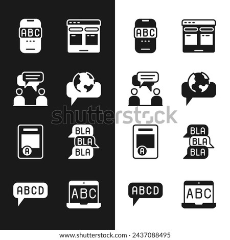 Set Learning foreign languages, Two sitting men talking, Foreign online study, Online translator, Exam sheet with A plus grade, Speech bubble chat,  and Alphabet icon. Vector