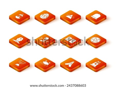 Set Hanukkah menorah, Pastafarianism, Man with third eye, Jesus Christ, Hands in praying position, The commandments, Stage stand tribune and Pentagram circle icon. Vector