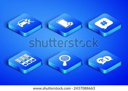 Set Question and Exclamation, Car service, Microorganisms under magnifier, Office folders, Mobile and Hashtag speech bubble icon. Vector