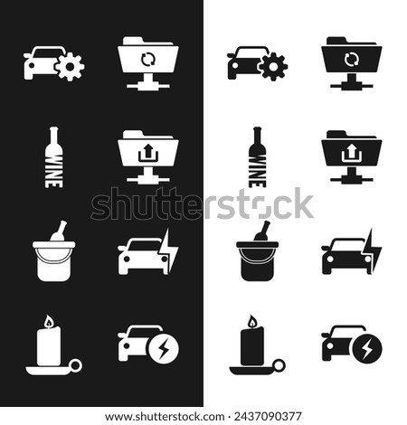 Set FTP folder upload, Bottle of wine, Car service, sync refresh, bucket and Electric car icon. Vector