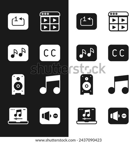 Set Subtitles, Music note, tone, Repeat track music player, playlist, Stereo speaker, Speaker mute and Laptop with icon. Vector