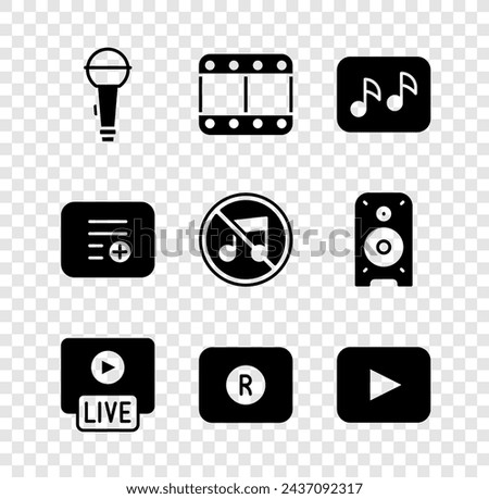 Set Microphone, Play video, Music note, tone, Live stream, Record button, Add playlist and Speaker mute icon. Vector