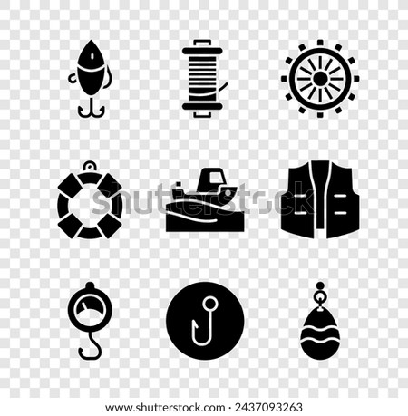 Set Fishing lure, Spinning reel for fishing, Ship steering wheel, Spring scale, hook, spoon, Lifebuoy and boat water icon. Vector