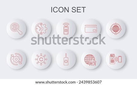 Set line POS terminal, Gear and arrows as workflow, Contactless payment, Globe with flying plane, Magnifying glass dollar, Clock gear, Copywriting network and Remote control icon. Vector