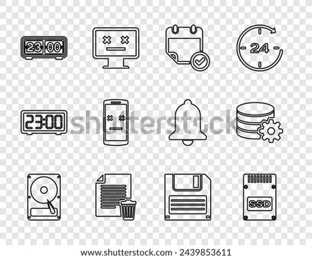 Set line Hard disk drive HDD, SSD card, Calendar with check mark, Delete file document, Retro flip clock, Dead mobile, Floppy and Setting database server icon. Vector