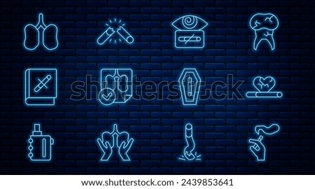 Set line Hand with smoking cigarette, Heart disease, Hypnosis, Lungs x-ray diagnostics, Book stop, Death from and Broken icon. Vector