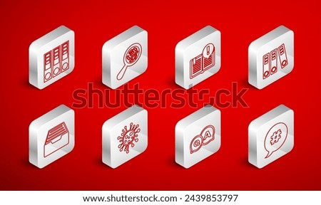 Set line Hashtag speech bubble, Microorganisms under magnifier, Interesting facts, Office folders, Question and Answer, Bacteria and Drawer with documents icon. Vector