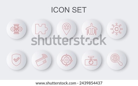 Set line Magnifying glass and dollar, Shield with check mark, Location star, Car DVR, Hourglass gear, Piece of puzzle, Contactless payment and Outsourcing concept icon. Vector